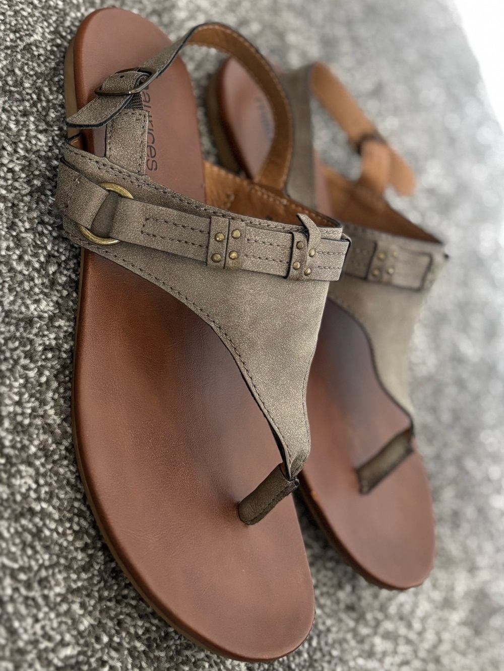 Maurices IRIMA Taupe Suede Toe-Post Sandals with Brown Footbed